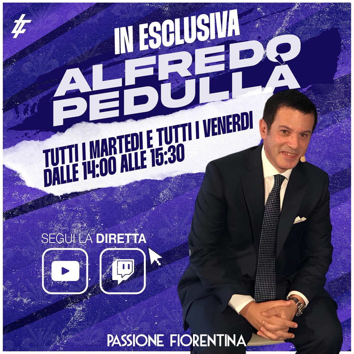 🟣 Da oggi, per tutta l'estate, ogni martedì e venerdì dalle ore 14, in diretta con Pedullà per le ultime sui movimenti di mercato della Fiorentina ⚜️

👀 Sui canale YouTube e Twitch di Passione Fiorentina 📺