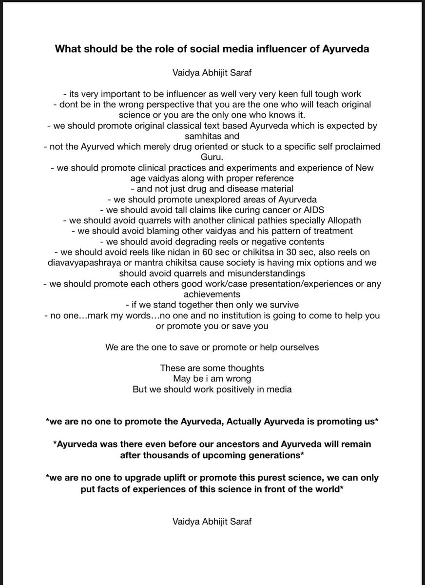 Golden tips to represent Ayurveda on Social media by renowned Vaidya Abhijit Sharaf sir🙏

Each line is like Brahmavakya .
#MedTwitter