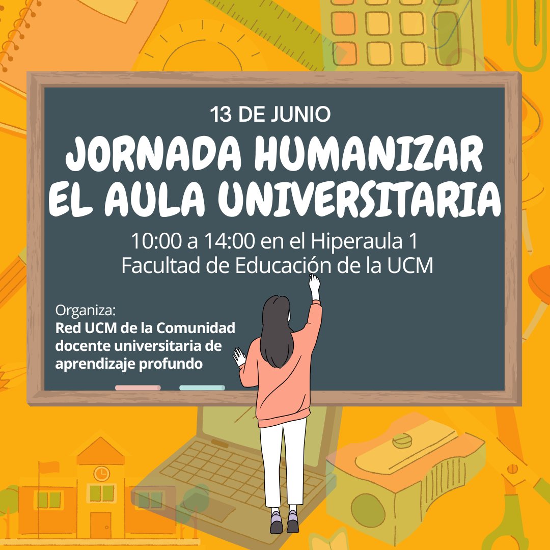 📢El viernes 13 de junio de 10:00 a 14:00h en <a href="/ucm_educacion/">Facultad Educación UCM</a> tendrá lugar la jornada "Humanizar el aula universitaria", en la que participará nuestro profesor <a href="/serguma_/">𝐒𝐞𝐫𝐠𝐢𝐨 𝐆𝐮𝐭𝐢é𝐫𝐫𝐞𝐳-Manjón</a> 📚🤗