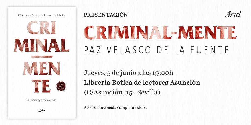 Editorial Ariel (@editorialariel) on Twitter photo 🎙️ Presentación de 'Criminal-mente', de Paz Velasco de la Fuente, el próximo jueves 5 de junio en la <a href="/LibreriaBotica/">Librería Botica de Lectores</a> de Sevilla (19.00 h) ⬇️⬇️ planetadelibros.com/libro-criminal… <a href="/CriminalmenteES/">Paz Velasco de la Fuente</a> 🎙️ Presentación de 'Criminal-mente', de Paz Velasco de la Fuente, el próximo jueves 5 de junio en la <a href="/LibreriaBotica/">Librería Botica de Lectores</a> de Sevilla (19.00 h) ⬇️⬇️ planetadelibros.com/libro-criminal… <a href="/CriminalmenteES/">Paz Velasco de la Fuente</a>
