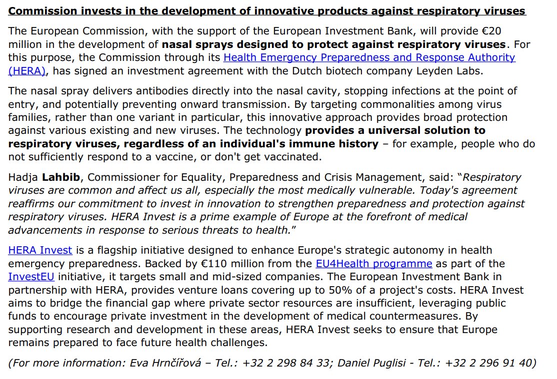 EU HERA (@ec_hera) on Twitter photo Proud to support <a href="/LeydenLabs/">Leyden Labs</a> with €20M financing via @EIB_Group, advancing intranasal antibodies to combat respiratory viruses 🫁🦠.
3rd investment under #HERAInvest, reinforcing our commitment to strengthen 🇪🇺 #PandemicPreparedness & resilience.
👇/👉europa.eu/!bGNXk3 Proud to support <a href="/LeydenLabs/">Leyden Labs</a> with €20M financing via @EIB_Group, advancing intranasal antibodies to combat respiratory viruses 🫁🦠.
3rd investment under #HERAInvest, reinforcing our commitment to strengthen 🇪🇺 #PandemicPreparedness & resilience.
👇/👉europa.eu/!bGNXk3