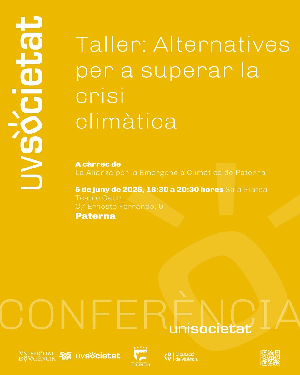 ➡️Apunta't al taller 𝐀𝐥𝐭𝐞𝐫𝐧𝐚𝐭𝐢𝐯𝐞𝐬 𝐩𝐞𝐫 𝐚 𝐬𝐮𝐩𝐞𝐫𝐚𝐫 𝐥𝐚 𝐜𝐫𝐢𝐬𝐢 𝐜𝐥𝐢𝐦𝐚̀𝐭𝐢𝐜𝐚 a càrrec de l'Aliança per l'Emergència Climàtica de Paterna.

🗓️Dijous 05/06, 18:30h
📍Teatre Capri
📝Inscripció gratuïta: ir.uv.es/HFBQt5n