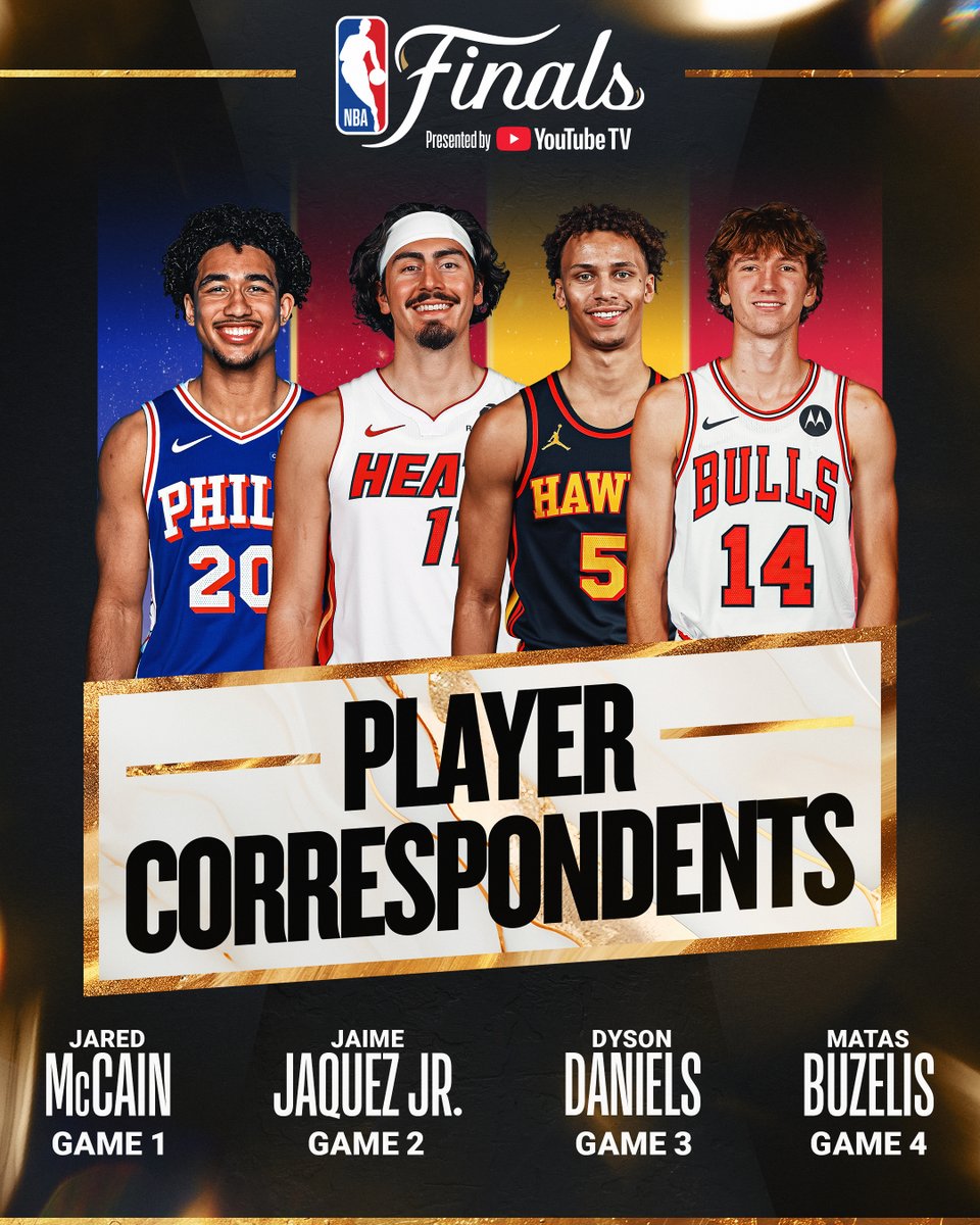 NBA (@nba) on Twitter photo Introducing the NBA Player Correspondents for the #NBAFinals presented by <a href="/YouTubeTV/">YouTube TV</a> šļø
Jared McCain (Game 1), Jaime Jaquez Jr. (Game 2), Dyson Daniels (Game 3), and Matas Buzelis (Game 4) will be on the ground giving inside access from Oklahoma City and Indiana, beginning Introducing the NBA Player Correspondents for the #NBAFinals presented by <a href="/YouTubeTV/">YouTube TV</a> šļø
Jared McCain (Game 1), Jaime Jaquez Jr. (Game 2), Dyson Daniels (Game 3), and Matas Buzelis (Game 4) will be on the ground giving inside access from Oklahoma City and Indiana, beginning