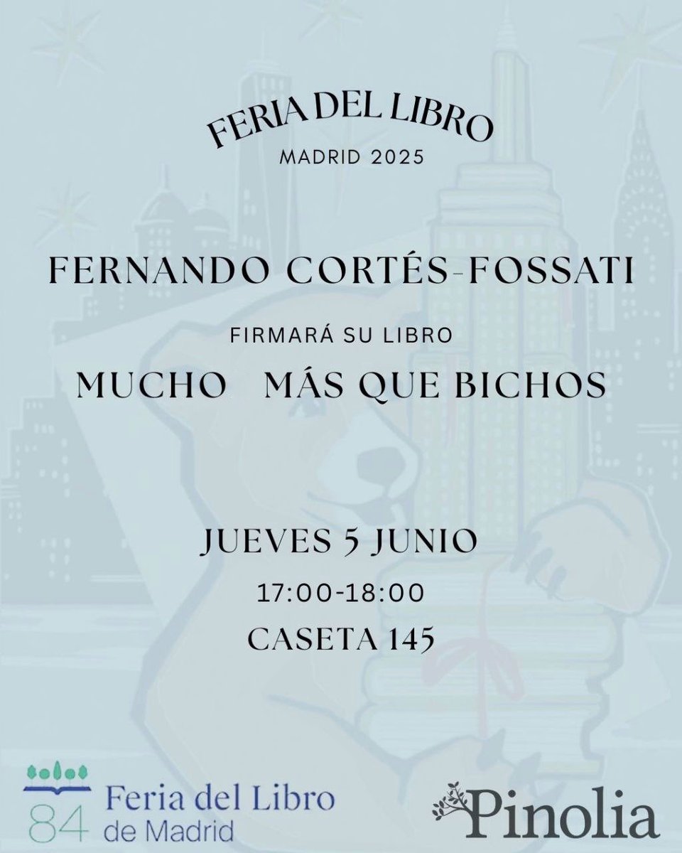 Fer Cortés-Fossati (@fercfossati) on Twitter photo EL JUEVES 5 de JUNIO… sesión de firmas en la Feria del Libro #FLMadrid25 <a href="/FLMadrid/">Feria del Libro de Madrid</a> en el <a href="/_ElRetiro/">El Parque del Retiro</a> de 17 a 18 OS ESPERO
CIENCIA+BICHOS= PLANAZO 📚📕📙🕷️🦂🦀🦋🐞🪲🦗🐜🔬🧬🧪Esta vez, sin alertas por calor 😉 #FeriaDelLibro #Madrid EL JUEVES 5 de JUNIO… sesión de firmas en la Feria del Libro #FLMadrid25 <a href="/FLMadrid/">Feria del Libro de Madrid</a> en el <a href="/_ElRetiro/">El Parque del Retiro</a> de 17 a 18 OS ESPERO
CIENCIA+BICHOS= PLANAZO 📚📕📙🕷️🦂🦀🦋🐞🪲🦗🐜🔬🧬🧪Esta vez, sin alertas por calor 😉 #FeriaDelLibro #Madrid