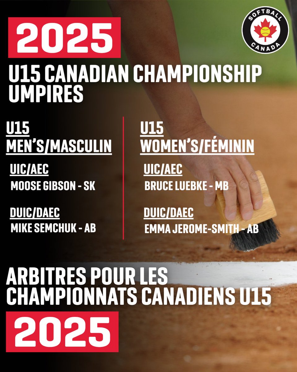 🚨Umpires and Supervisors Announced🚨

We’re excited to announce our incredible team of umpires and supervisors for the upcoming U15 Men’s and Women’s Canadian Championships, that will be taking place from August 13 – August 17 in Winkler, MB.

Stay turn for more information and