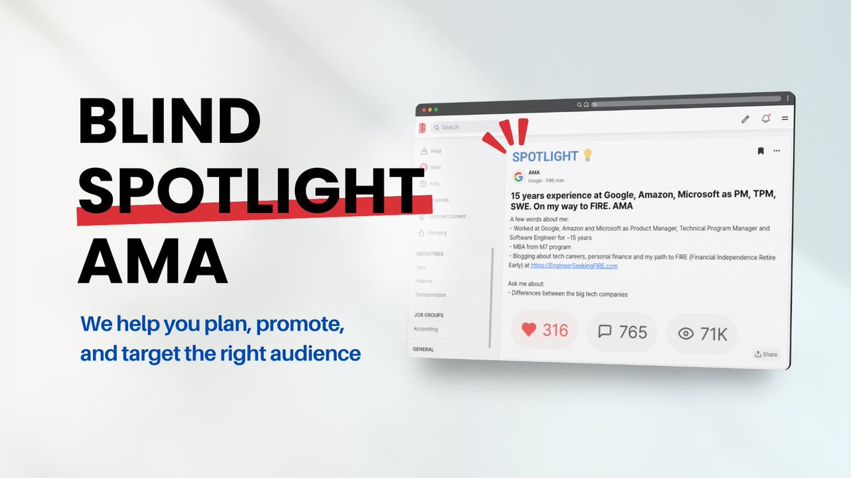 Experts, we want you!
Host a Spotlight AMA on Blind.
✅ 10x engagement
✅ Targeted reach
✅ Full support from our team
You bring the insight. We’ll handle the rest.
shorturl.at/UfZJj