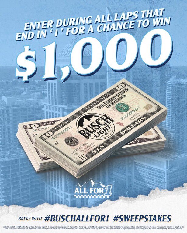 BWracing4466's tweet image. Huge thank you @BuschBeer!! Won their #BuschAllFor1 #Sweepstakes presumably from the #AllStarRace @NWBSpeedway for a $1,000 prize! Pays off watching @NASCAR @TeamTrackhouse @RossChastain 💰💵🏁