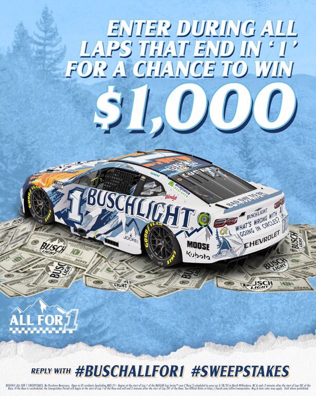 BWracing4466's tweet image. Huge thank you @BuschBeer!! Won their #BuschAllFor1 #Sweepstakes presumably from the #AllStarRace @NWBSpeedway for a $1,000 prize! Pays off watching @NASCAR @TeamTrackhouse @RossChastain 💰💵🏁