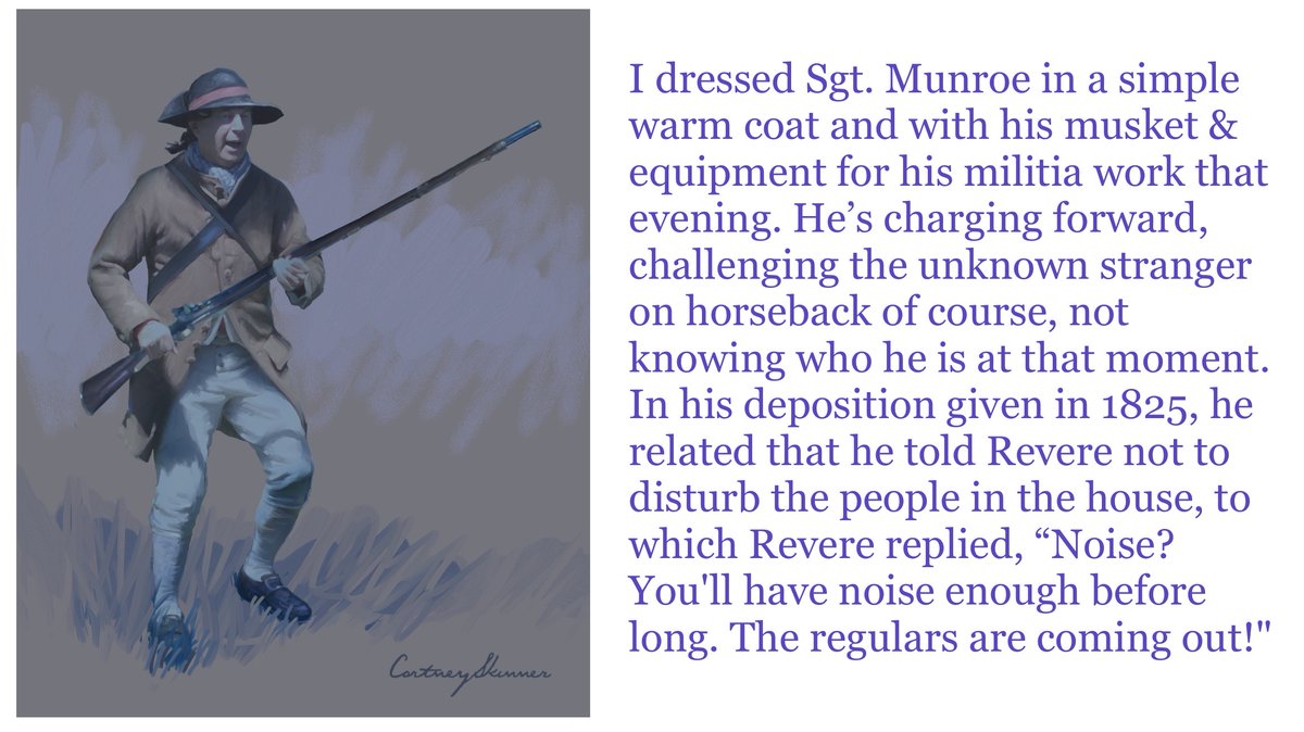 My study of the Sgt. Munroe in the moonlight, challenging Revere’s arrival. His party of soldiers guarded the Clarke House &amp; insured Adams’ &amp; Hancock’s safety that night. He had a very interesting life, later entertaining President Washington at his Tavern in Lexington in 1789.
