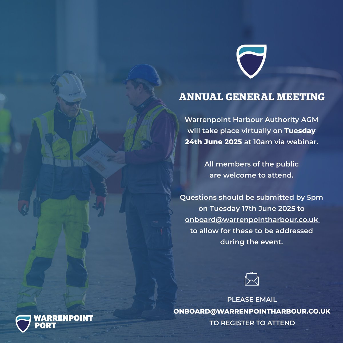 🔔 Warrenpoint Harbour Authority AGM 2025🔔
 
A link to attend the webinar will be sent to all registered attendees.  The adopted minutes of the 2024 AGM will be published on the Warrenpoint Port website as soon as is reasonably practical following the meeting.     #onboard