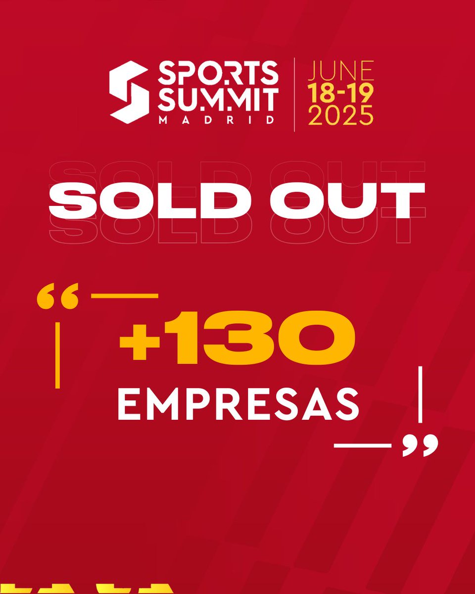 🎉🏟 We’ve officially SOLD OUT our exhibitor spaces for #SSM25!
130+ companies, institutions &amp; sports entities will meet on June 18–19 at IFEMA Madrid for the biggest summit in the sports industry.
Thanks for trusting the project—see you soon! 💥 #SSM25