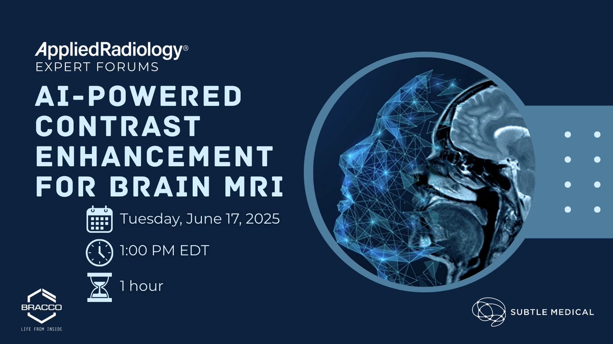 AppliedRadiology (@applied_rad) on Twitter photo 📢 Upcoming webinar!
🔗 Get all of the details and register here: bit.ly/3SHgwWn
Join a panel of experts from <a href="/SubtleMedical/">Subtle Medical, Inc.</a> and #BraccoImaging to discuss AI-Powered Contrast Enhancement for Brain MRI
#RadEd #MedEd #AI #NeuroMRI #NeuroRad 📢 Upcoming webinar!
🔗 Get all of the details and register here: bit.ly/3SHgwWn
Join a panel of experts from <a href="/SubtleMedical/">Subtle Medical, Inc.</a> and #BraccoImaging to discuss AI-Powered Contrast Enhancement for Brain MRI
#RadEd #MedEd #AI #NeuroMRI #NeuroRad