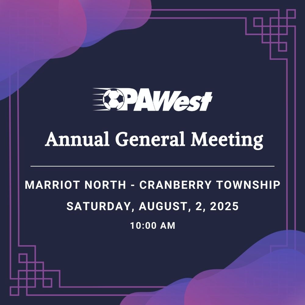 🚨The 2025 Annual General Meeting of PA West Soccer Association will be held on Saturday, August 2, 2025.  The meeting will be called to order at 10:00 AM at the Marriott North in Cranberry Twp.🚨

For all details➡️:ow.ly/EOvz50VVfOS