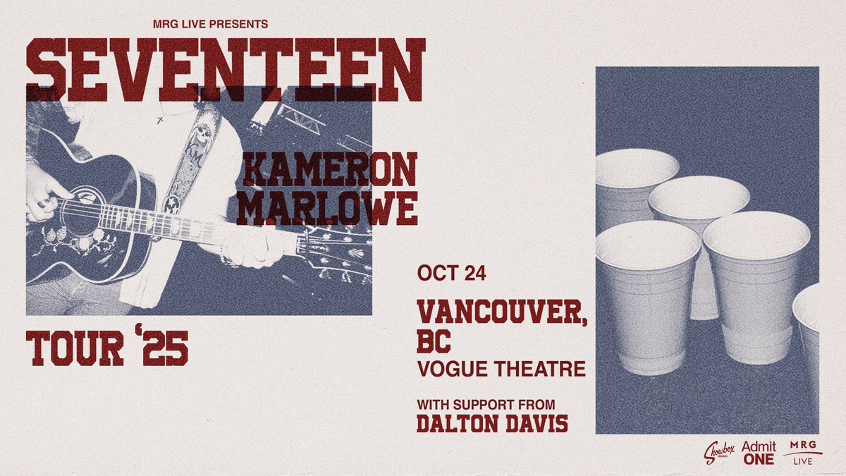 Vogue Theatre (@voguetheatre) on Twitter photo Don't miss rising country star <a href="/Kameron_Marlowe/">Kameron Marlowe</a> when he comes to Vancouver this fall! ๐ค
Enter below for a chance to win a pair of tickets before they go on sale!
๐: bit.ly/3Zbfcih
Presale | 6/4 at 7AM PT, code: MARLOWE17
On Sale | 6/6 at 7AM PT Don't miss rising country star <a href="/Kameron_Marlowe/">Kameron Marlowe</a> when he comes to Vancouver this fall! ๐ค
Enter below for a chance to win a pair of tickets before they go on sale!
๐: bit.ly/3Zbfcih
Presale | 6/4 at 7AM PT, code: MARLOWE17
On Sale | 6/6 at 7AM PT