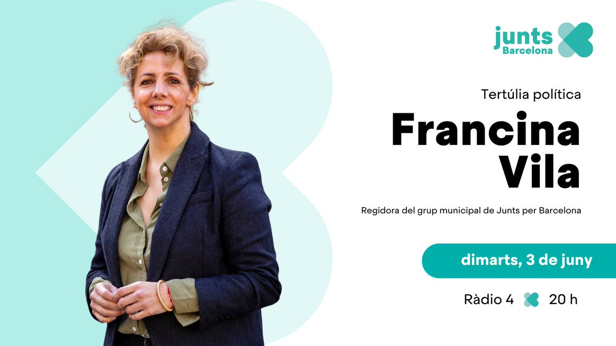 Junts per Barcelona (@junts_bcn) on Twitter photo ▶️ Aquest vespre, a les 20 h, la regidora del grup municipal de Junts per #Barcelona <a href="/Francina_Vila/">Francina Vila Valls</a> participa en la tertúlia política de #ElPlaB amb el periodista Toni Marín
En directe a ⤵️
f.mtr.cool/welrefgtau ▶️ Aquest vespre, a les 20 h, la regidora del grup municipal de Junts per #Barcelona <a href="/Francina_Vila/">Francina Vila Valls</a> participa en la tertúlia política de #ElPlaB amb el periodista Toni Marín
En directe a ⤵️
f.mtr.cool/welrefgtau