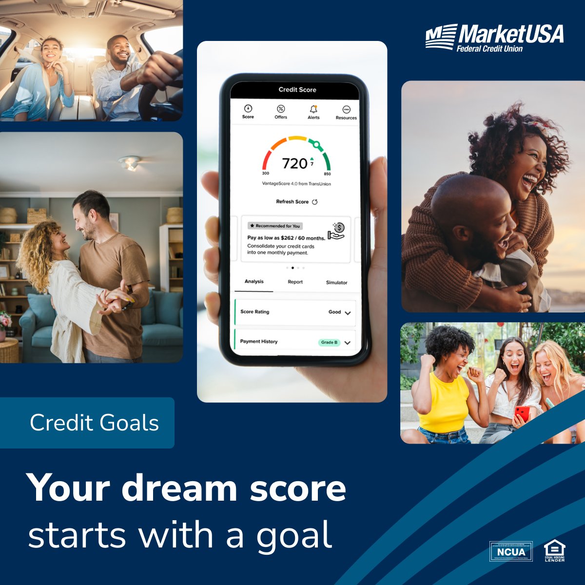 Boost your credit score with a clear goal. Set your Credit Goal in SavvyMoney through Online Banking or our Mobile App — simple, powerful tools to keep you on track. 

#creditgoals #goalworthreaching
marketusafcu.com/Services/Digit…