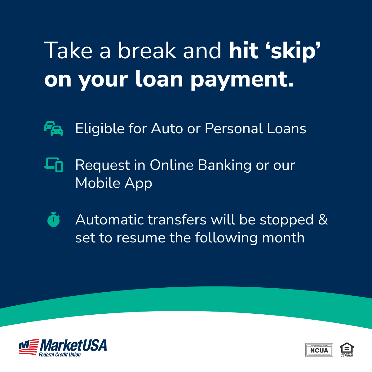 Between road trips, cookouts, and vacation plans, summer expenses can sneak up fast. You can choose to Skip a Pay — and keep a little extra cash in your pocket this month. 💸

#skipapay #skipaloanpayment
marketusafcu.com/Loans/Skip-a-P…