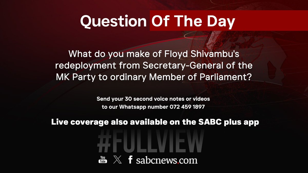 SABC News TV (@sabcnews_tv) on Twitter photo QUESTION OF THE DAY: What do you make of Floyd Shivambu's redeployment from Secretary-General of the MK Party to ordinary Member of Parliament?
<a href="/ThembiMrototo/">Thembekile</a> #SABCNews #FullView <a href="/SABCNews_TV/">SABC News TV</a> QUESTION OF THE DAY: What do you make of Floyd Shivambu's redeployment from Secretary-General of the MK Party to ordinary Member of Parliament?
<a href="/ThembiMrototo/">Thembekile</a> #SABCNews #FullView <a href="/SABCNews_TV/">SABC News TV</a>