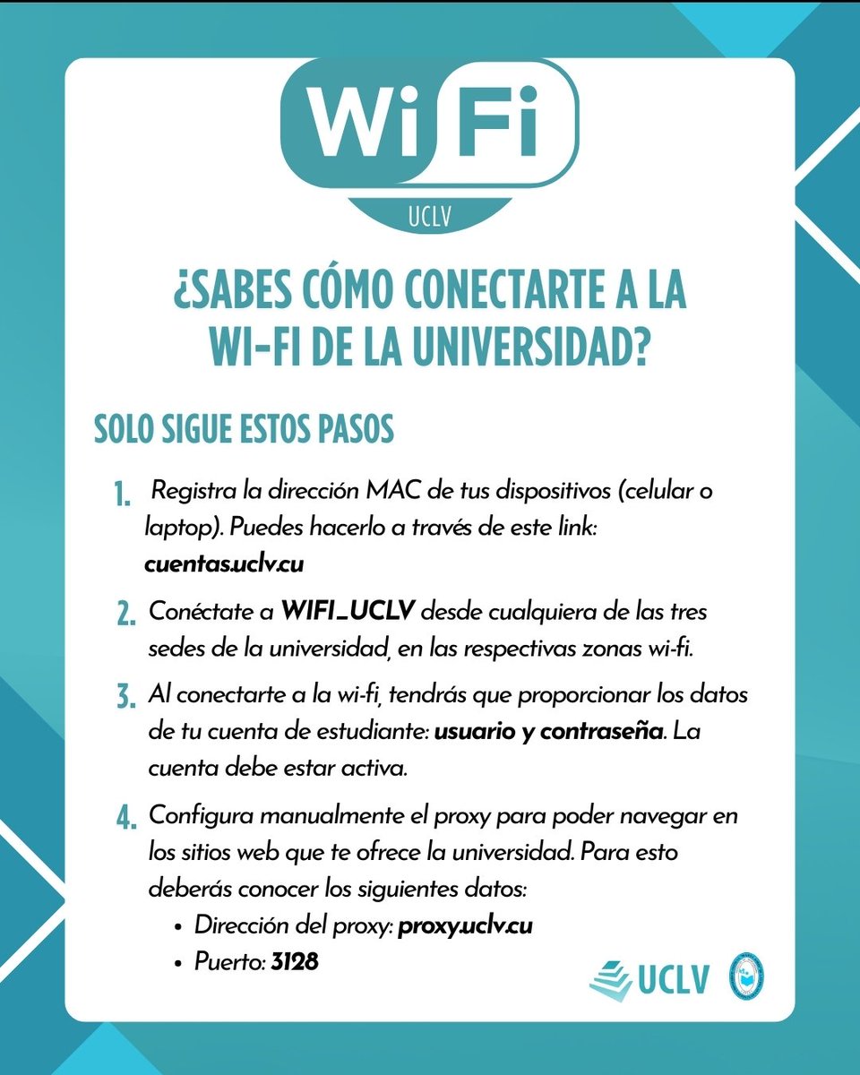 🛜 Conoce el paso a paso para registrar tus dispositivos móviles a la WiFi de la #UCLVnuestra. 😉👇