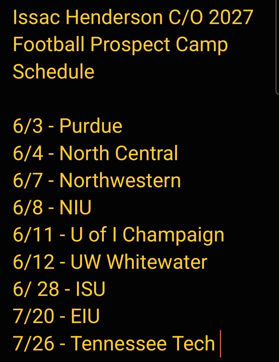 Issac Henderson C/O 2027 (@2027henderson) on Twitter photo Prospect camp season starts today!! Excited to compete and blessed to make connections!! See you soon <a href="/BoilerFootball/">Purdue Football</a> <a href="/football_ncc/">NCC Football</a> <a href="/NUFBFamily/">Northwestern Football</a> <a href="/NIU_Football/">NIU Football</a> <a href="/IlliniFootball/">Illinois Football</a> <a href="/WarhawkFootball/">Warhawk Football</a> <a href="/ISU_Football/">Redbird Football</a> <a href="/EIUFootball/">EIU Football</a> <a href="/TNTechFootball/">TTU Football</a>
<a href="/Jmack37/">Jason McKie</a> <a href="/CorsairsFB/">Carmel Football</a> <a href="/OLMafia/">OL MAFIA</a> <a href="/MikeBuke99/">Michael Buchanan</a> Prospect camp season starts today!! Excited to compete and blessed to make connections!! See you soon <a href="/BoilerFootball/">Purdue Football</a> <a href="/football_ncc/">NCC Football</a> <a href="/NUFBFamily/">Northwestern Football</a> <a href="/NIU_Football/">NIU Football</a> <a href="/IlliniFootball/">Illinois Football</a> <a href="/WarhawkFootball/">Warhawk Football</a> <a href="/ISU_Football/">Redbird Football</a> <a href="/EIUFootball/">EIU Football</a> <a href="/TNTechFootball/">TTU Football</a>
<a href="/Jmack37/">Jason McKie</a> <a href="/CorsairsFB/">Carmel Football</a> <a href="/OLMafia/">OL MAFIA</a> <a href="/MikeBuke99/">Michael Buchanan</a>