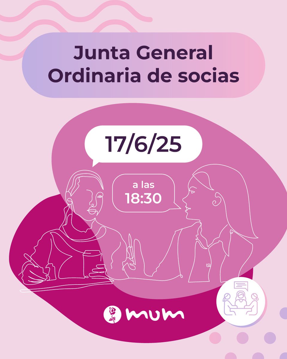 📢 La Junta Directiva de MUM convoca a todas las socias a la Junta General Ordinaria el 17 de junio de 2024 en la sede (Bravo Murillo 4, Madrid) a las 18:30h (1ª conv.) y 19:00h (2ª conv.). ¡Os esperamos!