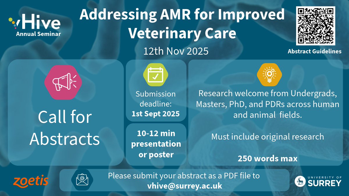 vHive (@v_hive29966) on Twitter photo 🚨 Call for Abstracts! 🚨
🎓 Students & researchers in human/animal health — share your work on AMR at the vHive Seminar <a href="/UniOfSurrey/">University of Surrey</a> (12 Nov 2025)!
📅 Submit by 1 Sept
📄 250 words | Talk or Poster
📧 vhive@surrey.ac.uk
#AMR #OneHealth #vHive 🚨 Call for Abstracts! 🚨
🎓 Students & researchers in human/animal health — share your work on AMR at the vHive Seminar <a href="/UniOfSurrey/">University of Surrey</a> (12 Nov 2025)!
📅 Submit by 1 Sept
📄 250 words | Talk or Poster
📧 vhive@surrey.ac.uk
#AMR #OneHealth #vHive