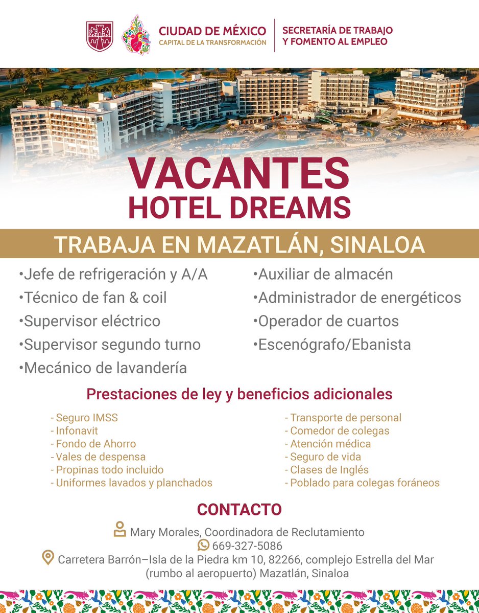 TrabajoCDMX's tweet photo. ¡Esta es tu oportunidad de trabajar en Mazatlán! 
Sé parte del equipo del #HotelDreams, ofrece diversas vacantes con prestaciones de ley, entre las que se encuentran: jefe de refrigeración, supervisor eléctrico, auxiliar de almacén, entre otras. 🏩🏖️

➡ Consulta las funciones y requisitos: https://t.co/TMVimeJvEt 

✍🏽Postúlate con Mary Morales, Coordinadora de Reclutamiento: 👇🏽
📱  WhatsApp: 669-327-5086 

📌 Carretera Barrón-Isla de la Piedra km 10, complejo Estrella del Mar (rumbo al aeropuerto) Mazatlán, Sinaloa 

#UtopíaLaboral 
#CapitalDeLaTransformación 
@ClaraBrugadaM @GobCDMX @Ines_GONI