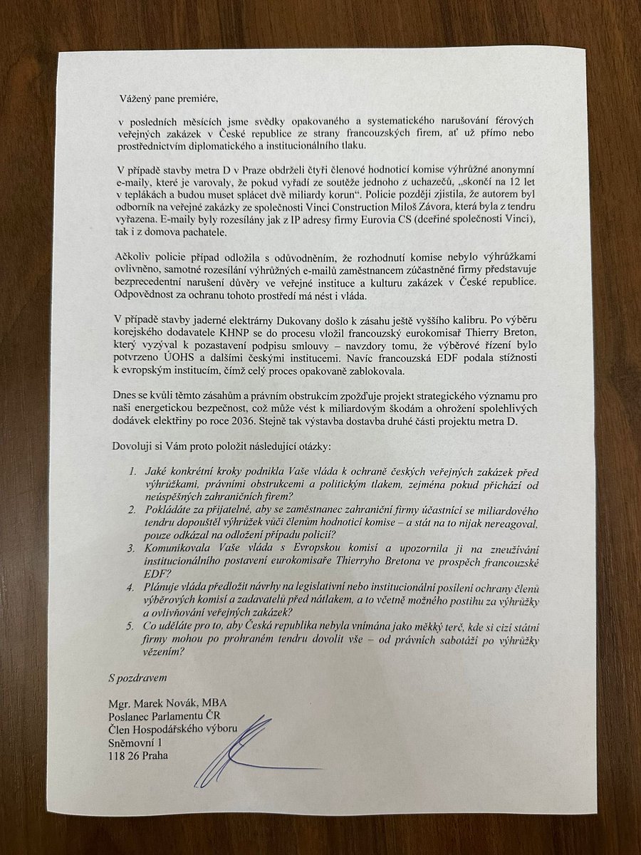 Když francouzská firma nevyhraje zakázku, nastoupí výhrůžky, právní obstrukce a nátlak z Bruselu. Výsledek? Dukovany stojí a metro D je v mlze. Pane premiére <a href="/P_Fiala/">Petr Fiala</a> , jsme ještě suverénní země, nebo jen pobočka EDF a Vinci Construction? Těším se na Vaši odpověď.