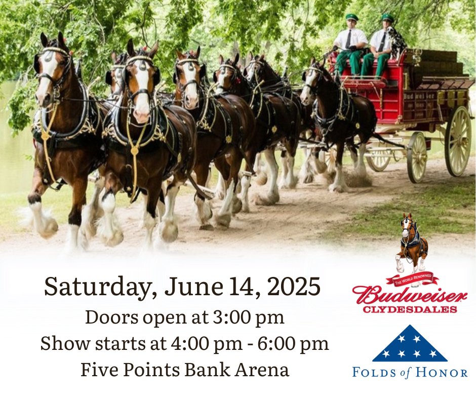 The Budweiser Clydesdales are coming to Fonner Park on June 14 at Five Points Bank Arena! Doors open at 3 PM, show starts at 4. Free admission; suggested donation to Folds of Honor is $5/adult, $2/child (cash only). Family-friendly fun!