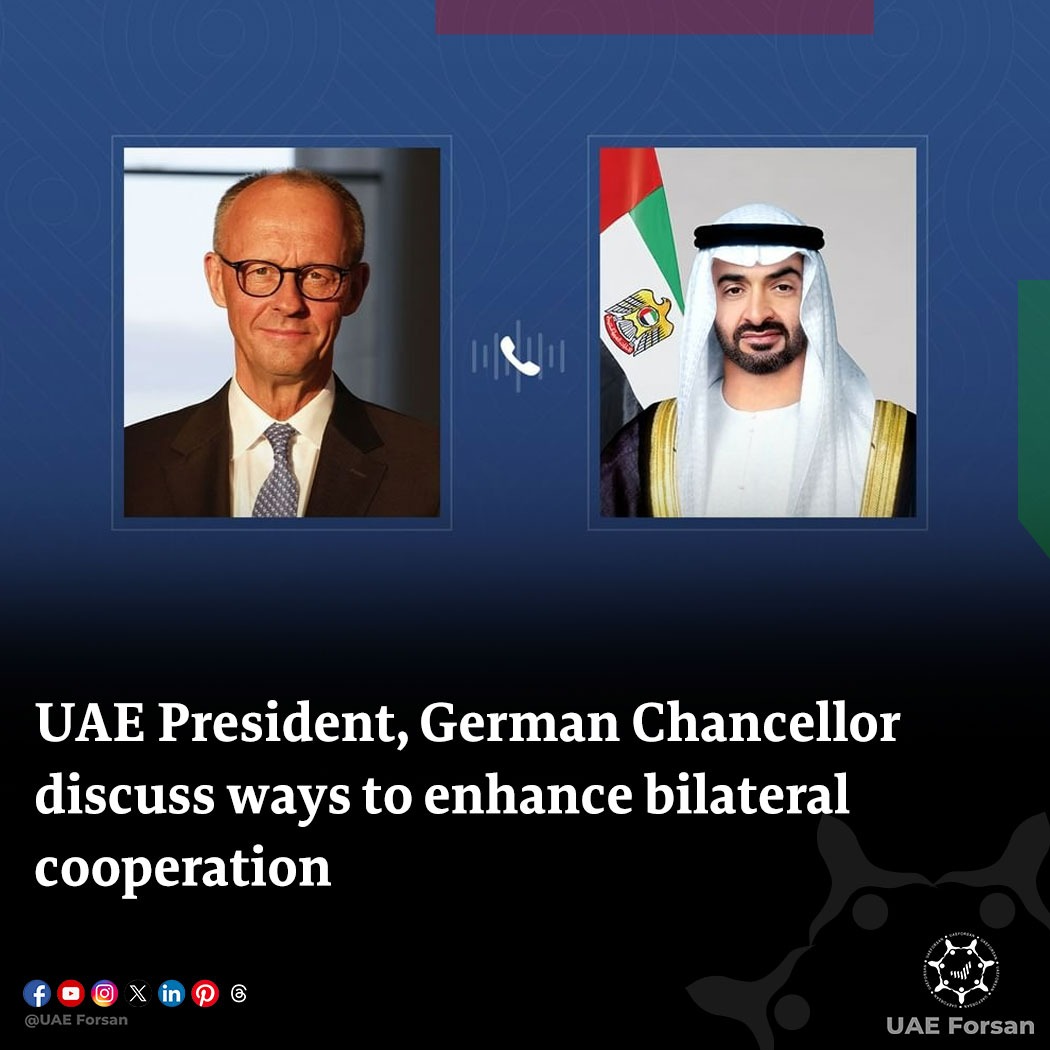 #UAE President His Highness Sheikh Mohamed bin Zayed Al Nahyan and the Chancellor of the Federal Republic of Germany, His Excellency Friedrich Merz, held a phone call today to discuss ways of strengthening bilateral cooperation, particularly in the economic and development fields