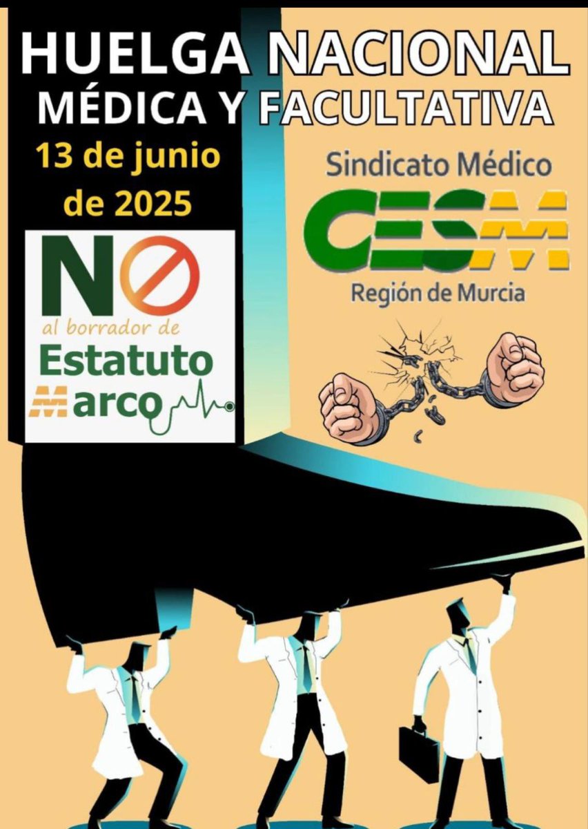CESM Región Murcia (@cesmmur) on Twitter photo ❓Sabías que un #médico puede trabajar 24 horas seguidas SIN DESCANSO y no sólo eso...
Puede acumular hasta 70 HORAS SEMANALES, poniendo EN RIESGO su salud y la seguridad de sus pacientes
Por eso, el 13 de junio, #HuelgaMédica para decir #NoAlBorradorEstatutoMarco❌<a href="/sanidadgob/">Ministerio de Sanidad</a> ❓Sabías que un #médico puede trabajar 24 horas seguidas SIN DESCANSO y no sólo eso...
Puede acumular hasta 70 HORAS SEMANALES, poniendo EN RIESGO su salud y la seguridad de sus pacientes
Por eso, el 13 de junio, #HuelgaMédica para decir #NoAlBorradorEstatutoMarco❌<a href="/sanidadgob/">Ministerio de Sanidad</a>