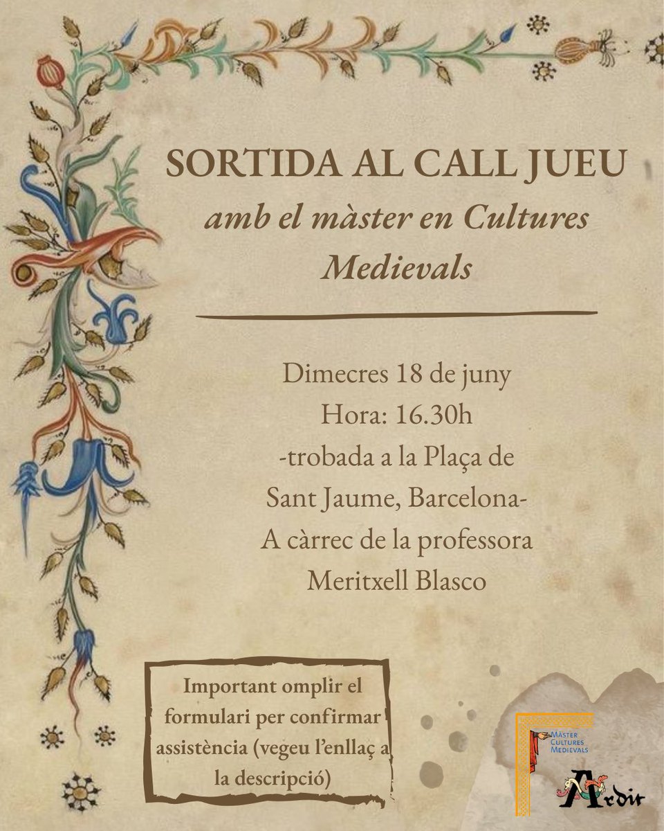 ✨Dimecres 18 de juny ARDIT se suma a la sortida al call jueu de Barcelona que organitza el màster en Cultures Medievals, a càrrec de la professora Meritxell Blasco.

Hora: 16:30h
Punt de trobada: Plaça de Sant Jaume, Barcelona