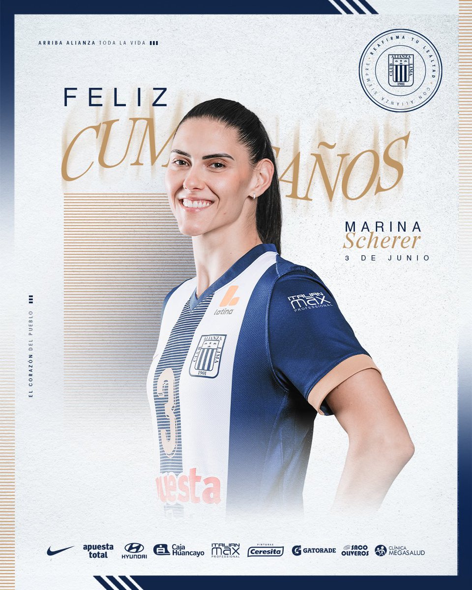 ¡𝑭𝒆𝒍𝒊𝒛 𝒄𝒖𝒎𝒑𝒍𝒆𝒂𝒏̃𝒐𝒔, 𝑴𝒂𝒓𝒊𝒏𝒂! 💙🏆🏆

Hoy celebramos el cumpleaños de Marina Scherer, bicampeona con Alianza Lima. 👏🏾

¡𝐹𝑒𝑙𝑖𝑐𝑖𝑑𝑎𝑑𝑒𝑠! 🥳

#BicampeonasConCorazón      
#ConAlianzaSiempre