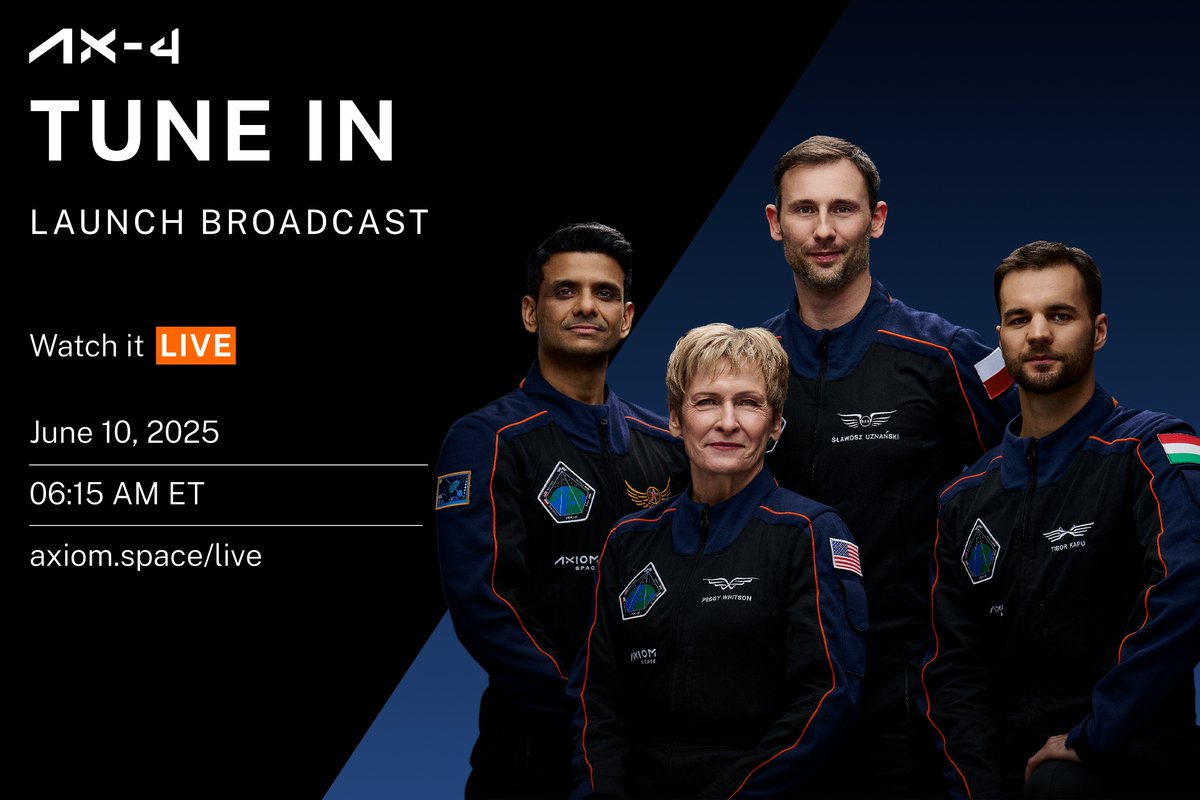 The #Ax4 crew is scheduled to launch to the International Space Station on June 10 at 8:22 AM EDT from Launch Complex 39A at <a href="/NASAKennedy/">NASA's Kennedy Space Center</a>. Tune in for the launch broadcast starting at 6:15 AM EDT.