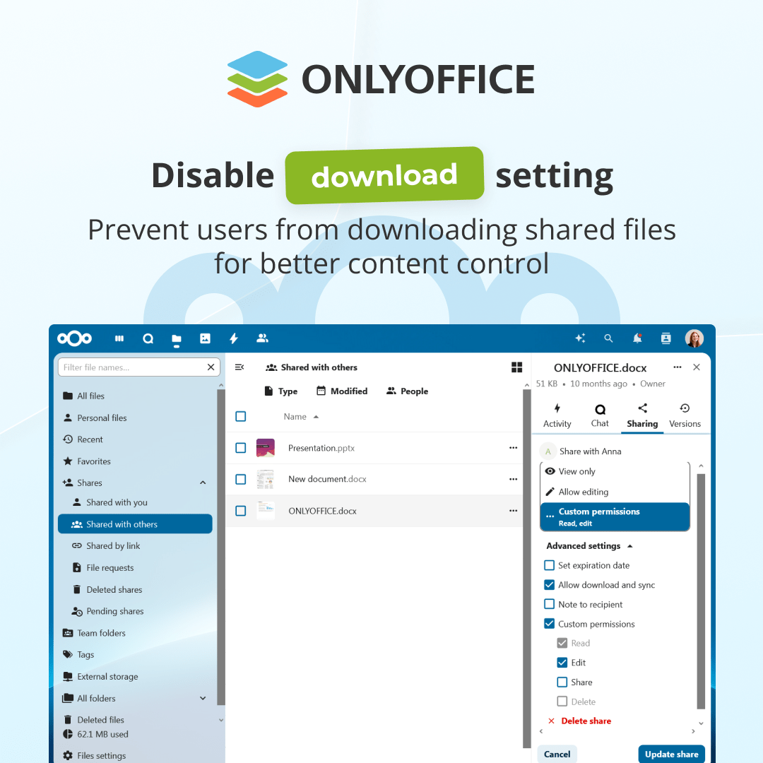 only_office's tweet image. Take control of your shared files with the updated #ONLYOFFICE integration app for #Nextcloud 🆕

☑️ Download restrictions 
☑️ External links for reference
☑️ System and contrast dark themes
☑️ Close button
☑️ And more

All details ➡️ onlyo.co/446Wk5R