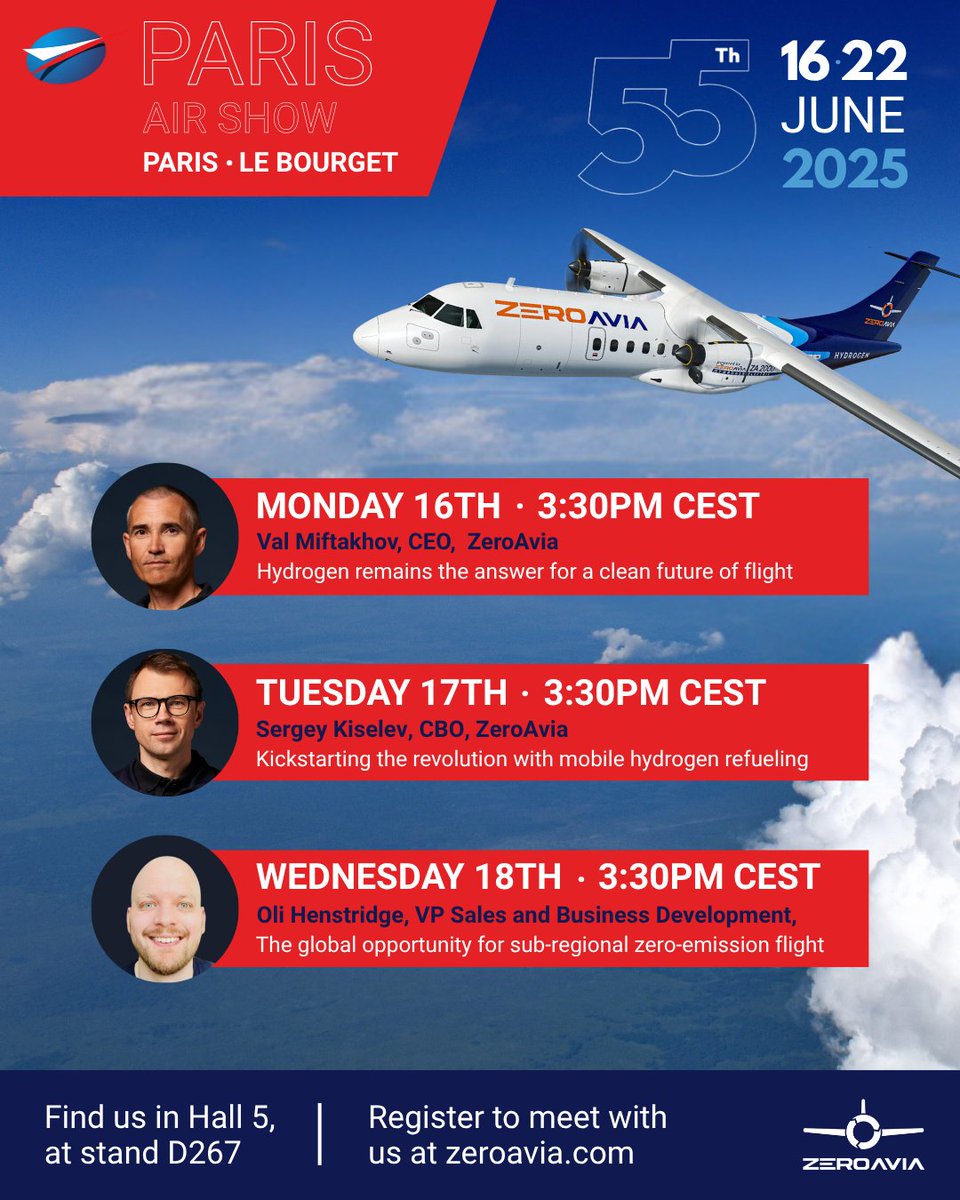 ZeroAvia (@zeroavia) on Twitter photo Clean flight insights, straight from the Paris Air Show. 
Check out the full agenda here: eu1.hubs.ly/H0kHz2V0
From 16-18 June, our executive team will be sharing industry insights live from the Paris Air Show Clean flight insights, straight from the Paris Air Show. 
Check out the full agenda here: eu1.hubs.ly/H0kHz2V0
From 16-18 June, our executive team will be sharing industry insights live from the Paris Air Show