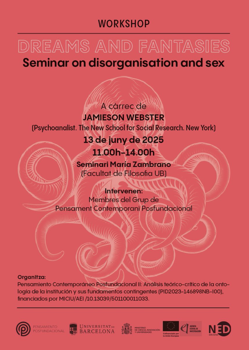 Jordi Mariné (@jordi_marine_) on Twitter photo El 13 de juny la psicoanalista Jamieson Webster farà un seminari en anglès on discutirà en profunditat dos articles del seu llibre "Desorganización y Sexo" (2025, Ned Ediciones), organitzat per la bona gent de <a href="/Postfundacional/">Pensamiento Posfundacional</a>. A les 11h a la Facultat de Filosofia de la UB! El 13 de juny la psicoanalista Jamieson Webster farà un seminari en anglès on discutirà en profunditat dos articles del seu llibre "Desorganización y Sexo" (2025, Ned Ediciones), organitzat per la bona gent de <a href="/Postfundacional/">Pensamiento Posfundacional</a>. A les 11h a la Facultat de Filosofia de la UB!