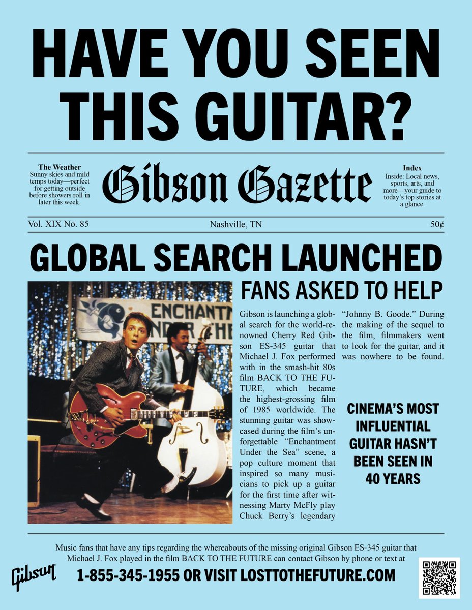BacktotheFuture's tweet photo. Gibson Launches Global Search for Mission Guitar from the Iconic 80s Film ‘Back to the Future’ https://t.co/fj3sQTINlC https://t.co/Qh0K1kZeLH