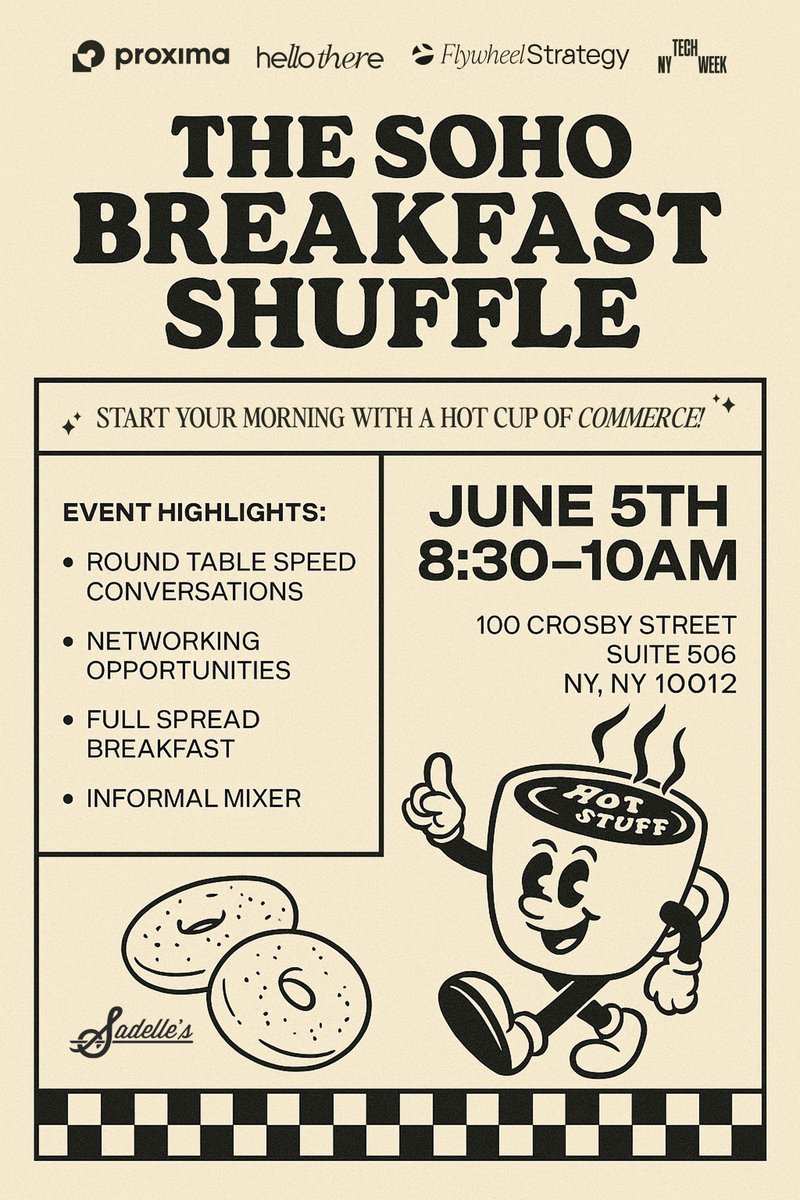 T-2 days till the best Thursday morning of your life: The Soho Breakfast Shuffle! 🥯

In just 48 hours, we're hosting an action-packed workshop and networking at Proxima's Soho HQ in partnership with Kate MacCabe (<a href="/FlywheelStratCo/">Flywheel Strategy</a>) and Jesse Rubinstein (Hello There Collective)