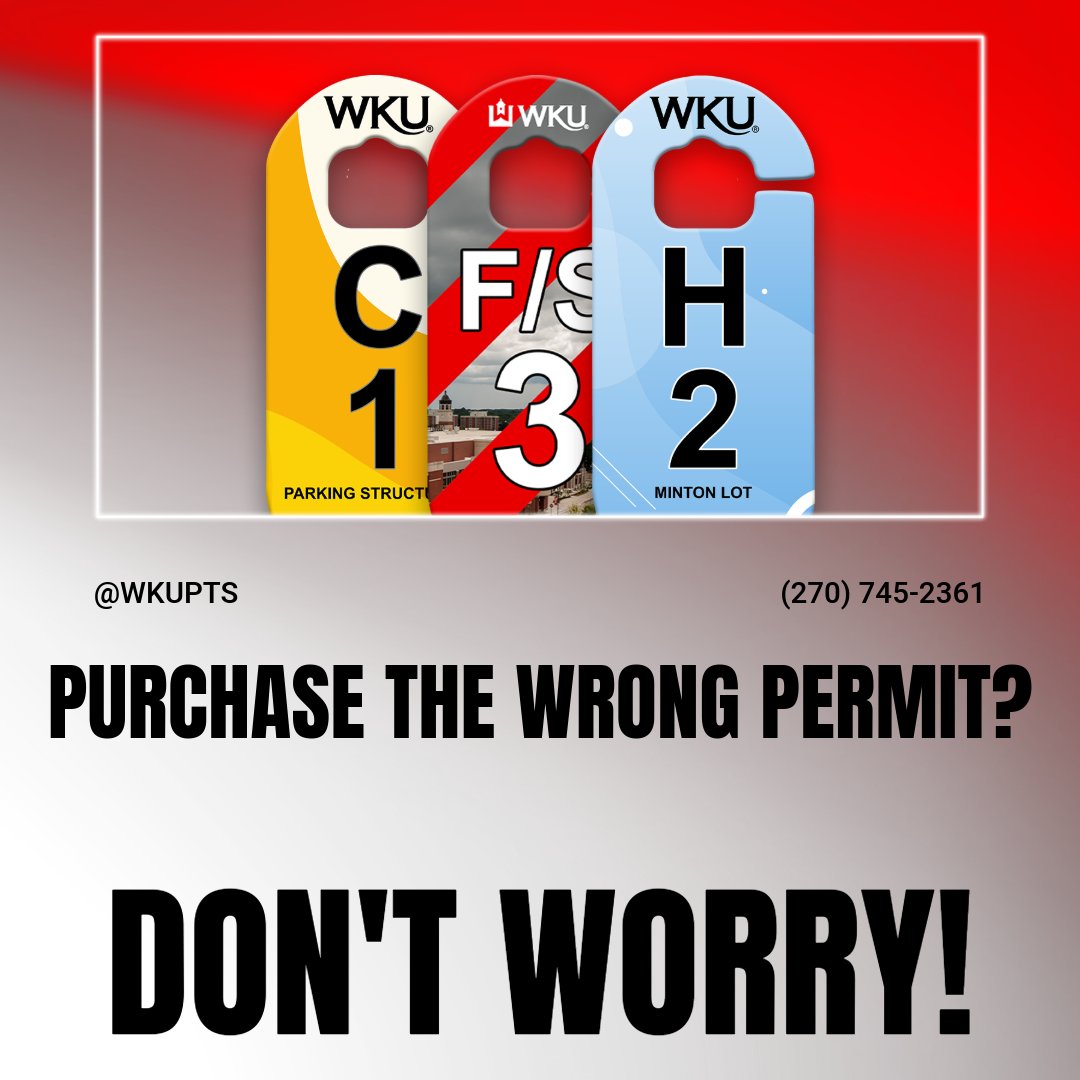 If you accidentally purchased the wrong parking follow these instructions.

Please email Transportation@wku.edu with the following information:
Your 800 number (student ID)
The permit you purchased
The permit you want instead