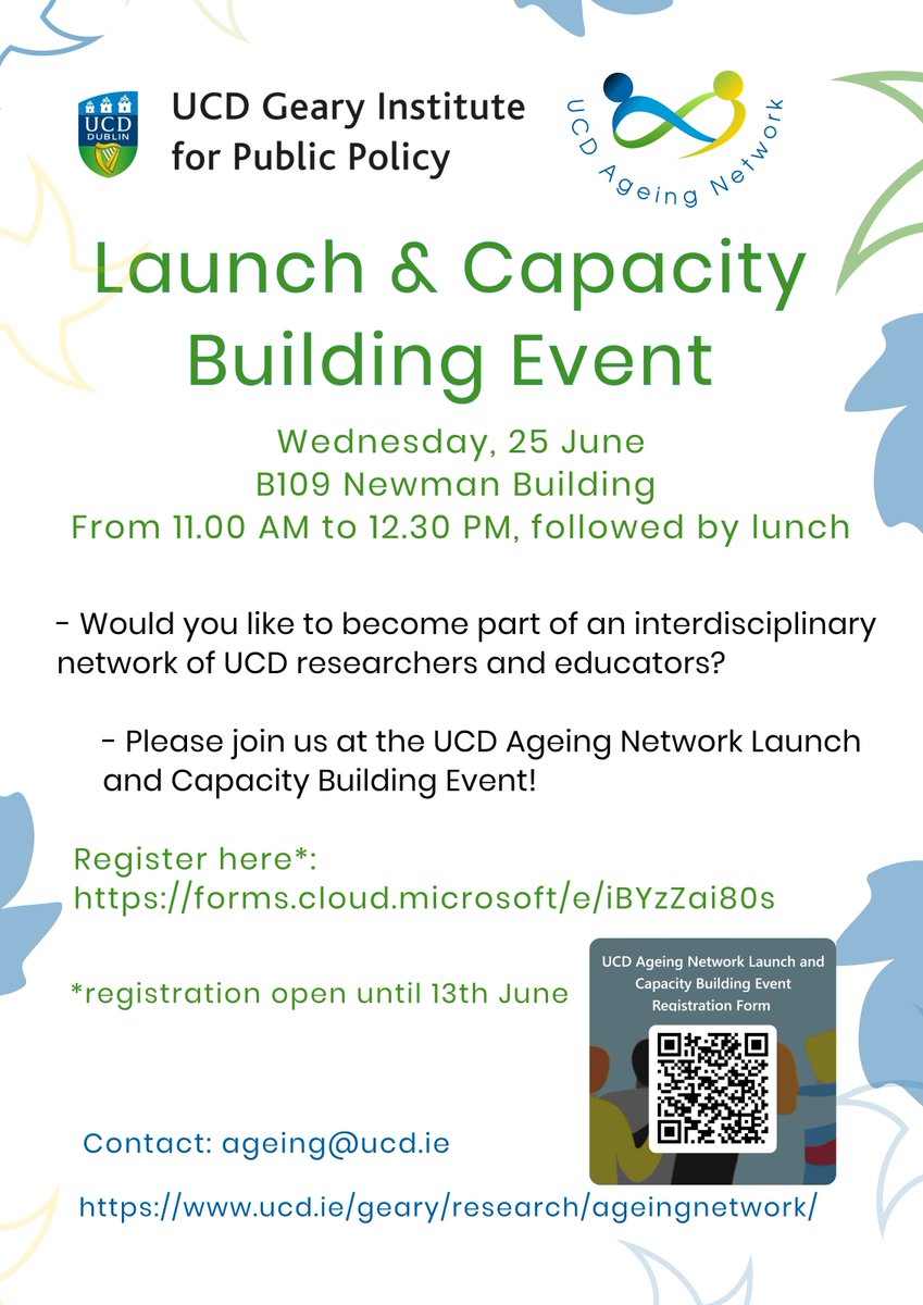 ucdgearyinst's tweet image. 🚀 Join us for the launch of the UCD Ageing Network!
📅 25 June 2025 | 🕚 11:00 AM
📍 Room B109, Newman Building, UCD
🥪 Light lunch at 12:30 PM
🔗 Register by 13 June: forms.cloud.microsoft/e/iBYzZai80s
📧 ageing@ucd.ie | Coord: Dr Sarah Donnelly