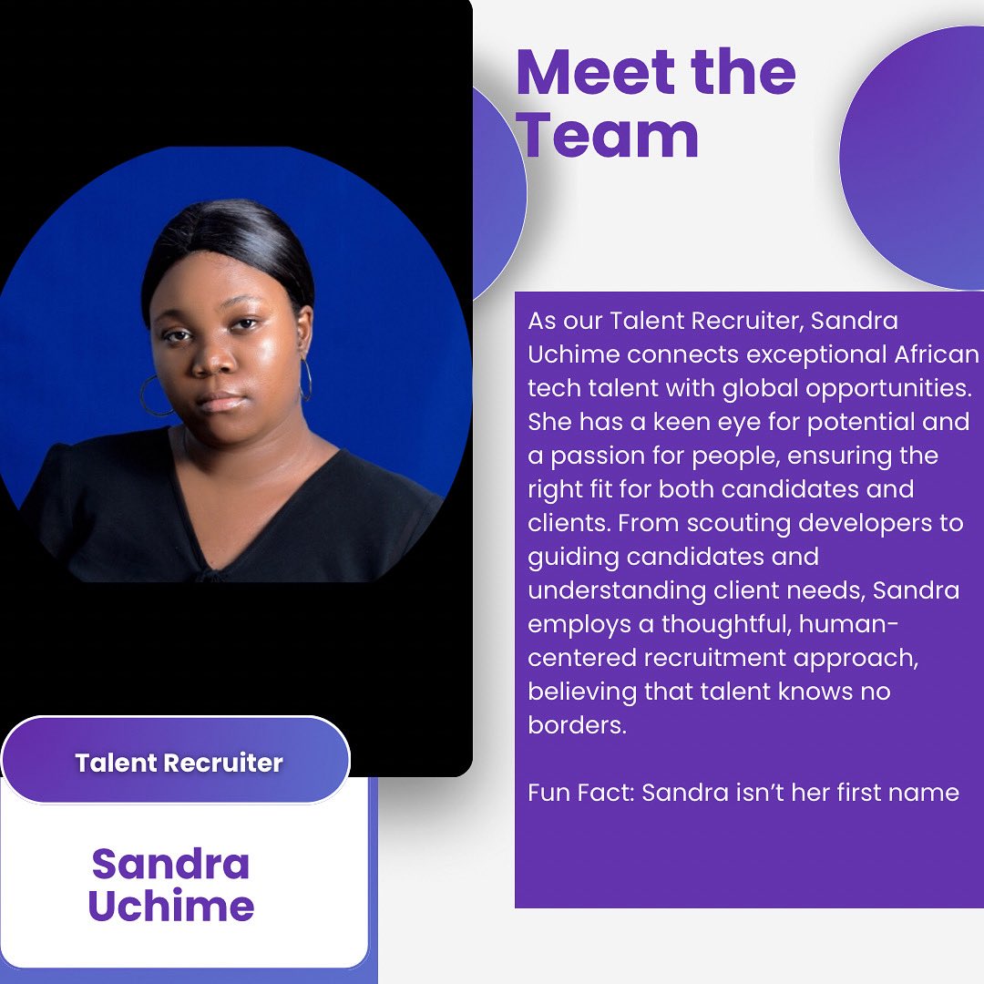 CodegarageA's tweet image. As our Talent Recruiter, Sandra is at the heart of our mission connecting exceptional African tech talent with global opportunities. She brings a sharp eye for potential, a passion for people, and a deep understanding of what makes the right fit on both sides of the hiring table.