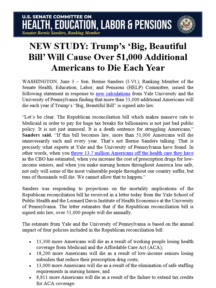 GunnelsWarren's tweet photo. According to Yale &amp; Penn, Trump's "Big Beautiful Bill" will cause an additional 51,000 Americans to die each year. It's a death sentence for struggling Americans. 

Meanwhile, Medicare for All would save 68,000 lives and $650 billion a year, per Yale and CBO. https://t.co/3JKDmi5fh7