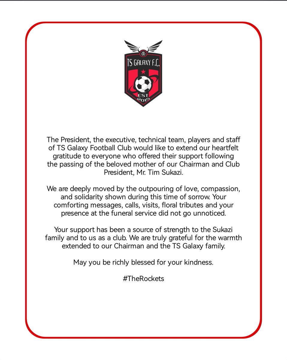 TSGALAXYFC's tweet image. Thank you for the outpouring of love and support during this difficult time.โค๏ธ๐
@aQuelle @aQuelleViV
#Siyadumuza
#TheRockets
#TSG