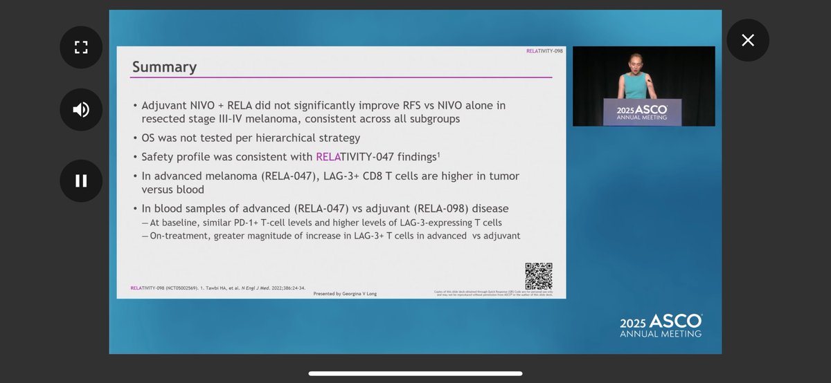 #ASCO25 #melanomaorals RELATIVITY-098 showed no RFS benefit in the adjuvant setting of Opdualag for high risk resected stage 3 melanoma, adjuvant PD-1 therapy remains the standard for this patient population