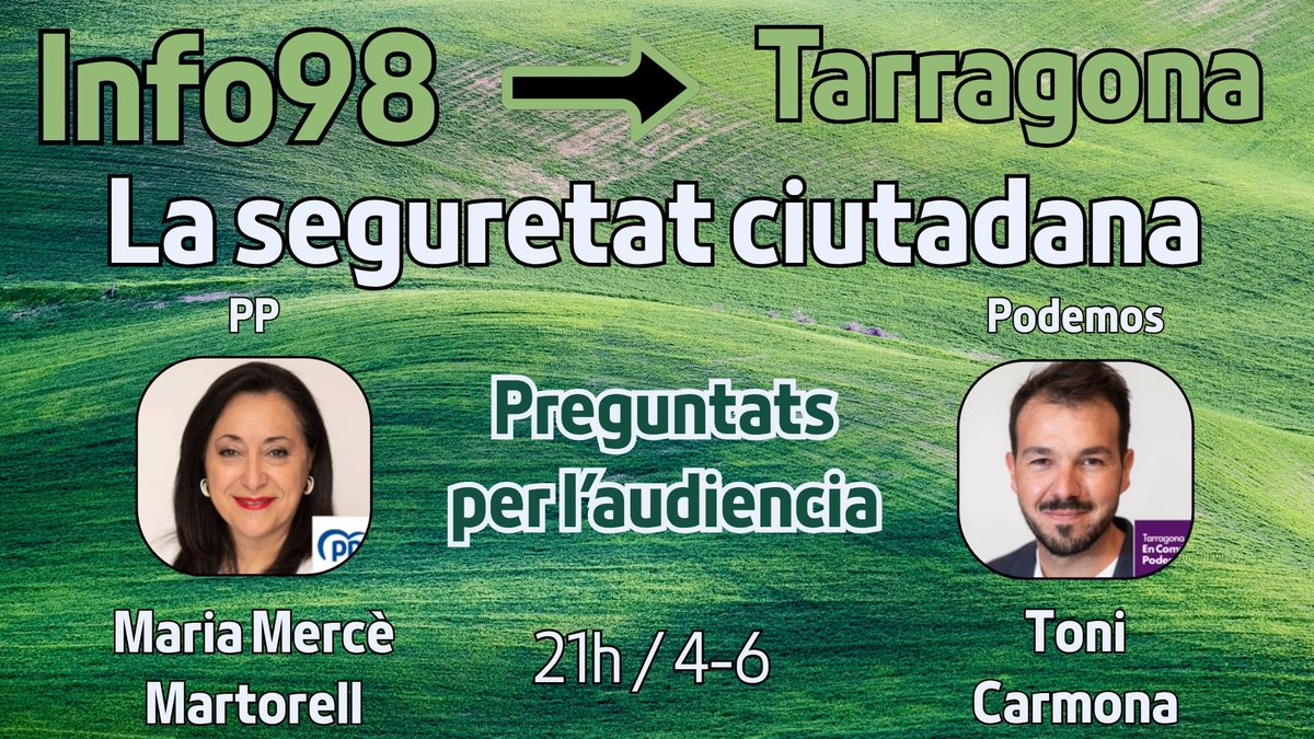 f98 💙 (@f98info) on Twitter photo 🚨 Demà a partir de les 21h tenim un Cara a ara amb preguntes de l'audiencia sobre la #SeguretatCiutadana a #Tarragona 🚨
Tindrem aquí a <a href="/MMerceMartorell/">Maria Mercè Martorell</a> de <a href="/pp_tarragona/">PP Tarragona</a> i <a href="/toni_carmona_/">Toni Carmona</a> de <a href="/podem_tarragona/">Podemos Tarragona 🦢</a>
A més podeu fer preguntes de l'audiencia!
youtube.com/live/cmVN_6Xiw… 🚨 Demà a partir de les 21h tenim un Cara a ara amb preguntes de l'audiencia sobre la #SeguretatCiutadana a #Tarragona 🚨
Tindrem aquí a <a href="/MMerceMartorell/">Maria Mercè Martorell</a> de <a href="/pp_tarragona/">PP Tarragona</a> i <a href="/toni_carmona_/">Toni Carmona</a> de <a href="/podem_tarragona/">Podemos Tarragona 🦢</a>
A més podeu fer preguntes de l'audiencia!
youtube.com/live/cmVN_6Xiw…