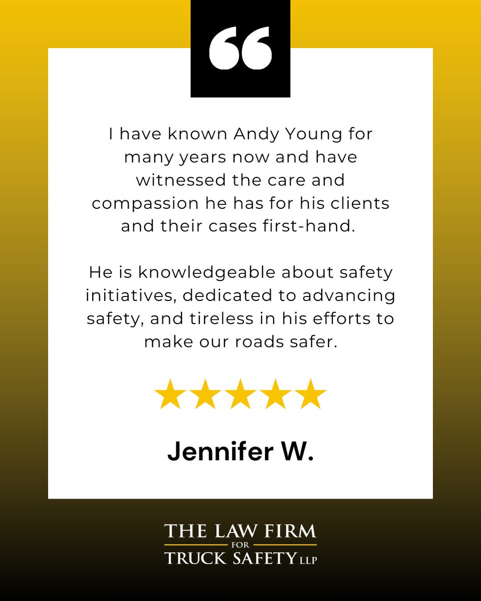 Thanks, Jennifer. Our work is driven by compassion, legal focus, and a commitment to road safety. #TruckSafetyfirm #LegalSupport #Testimonials 

okt.to/xPdfku