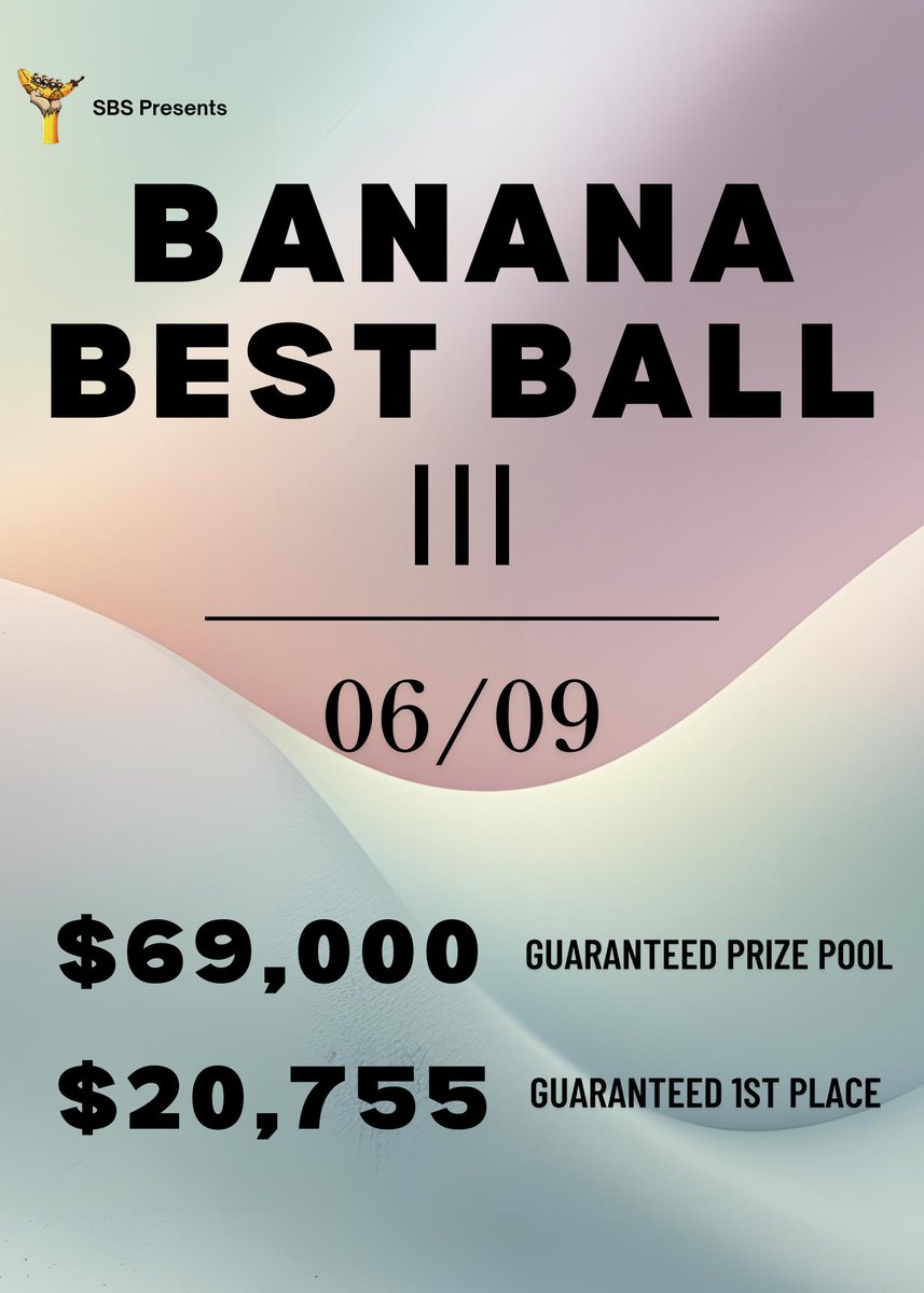 Banana Best Ball Ⅲ

The Biggest Onchain Fantasy Football Contest

Goes Live 06/09 

$69,000 Guaranteed Prize Pool (in ETH)
$20,755 Guaranteed for 1st Place (in ETH)