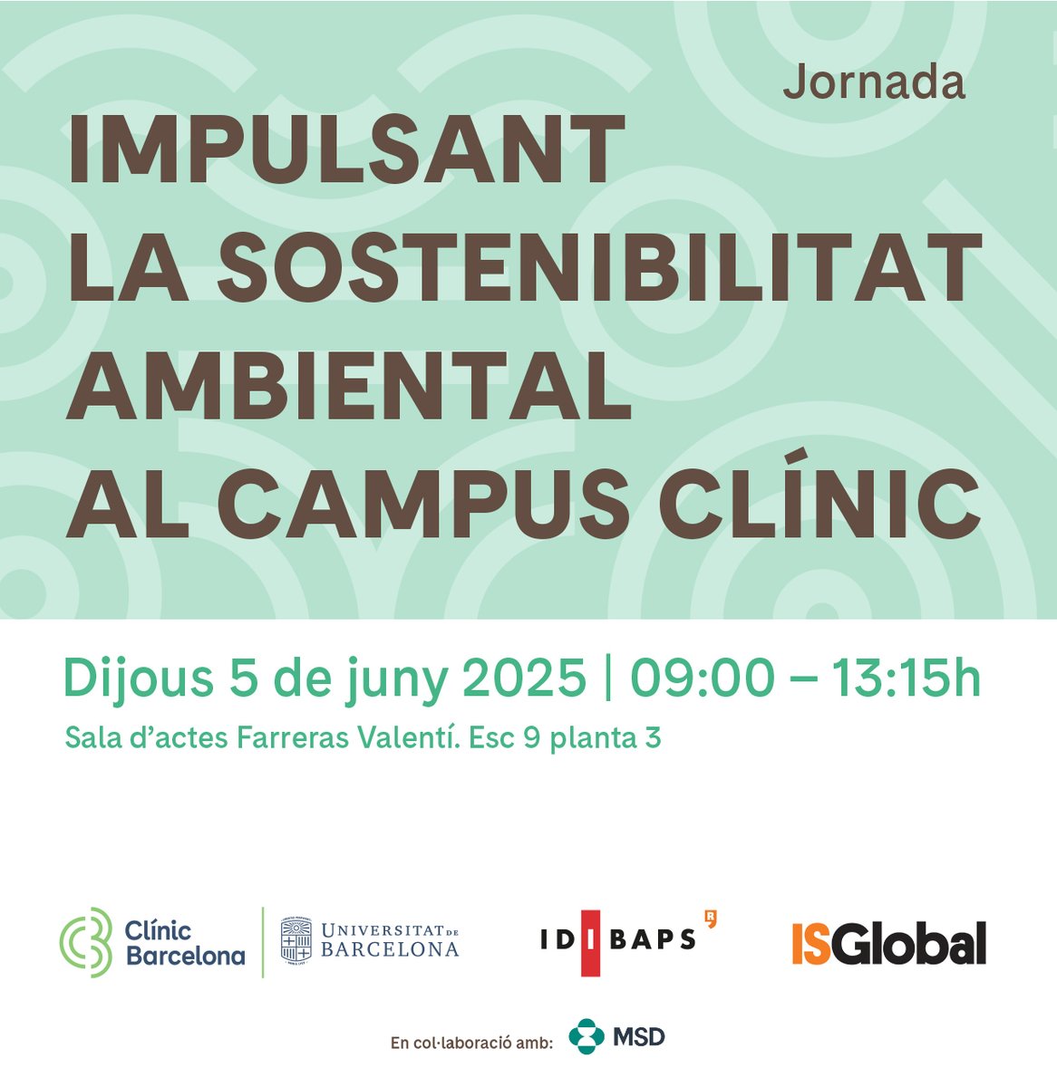 ISGlobal (@isglobalorg) on Twitter photo 🌿Celebrem el Dia Mundial del Medi Ambient amb la jornada "Impulsant la sostenibilitat ambiental al #CampusClínic".
📅 5 de juny | 🕘 9:00–13:15 h
👉 Organitzen: <a href="/hospitalclinic/">Hospital Clínic</a>, @unibarcelona, @IDIBAPS i #ISGlobal.
🔗 Consulta el programa i inscriu-te: 🌿Celebrem el Dia Mundial del Medi Ambient amb la jornada "Impulsant la sostenibilitat ambiental al #CampusClínic".
📅 5 de juny | 🕘 9:00–13:15 h
👉 Organitzen: <a href="/hospitalclinic/">Hospital Clínic</a>, @unibarcelona, @IDIBAPS i #ISGlobal.
🔗 Consulta el programa i inscriu-te: