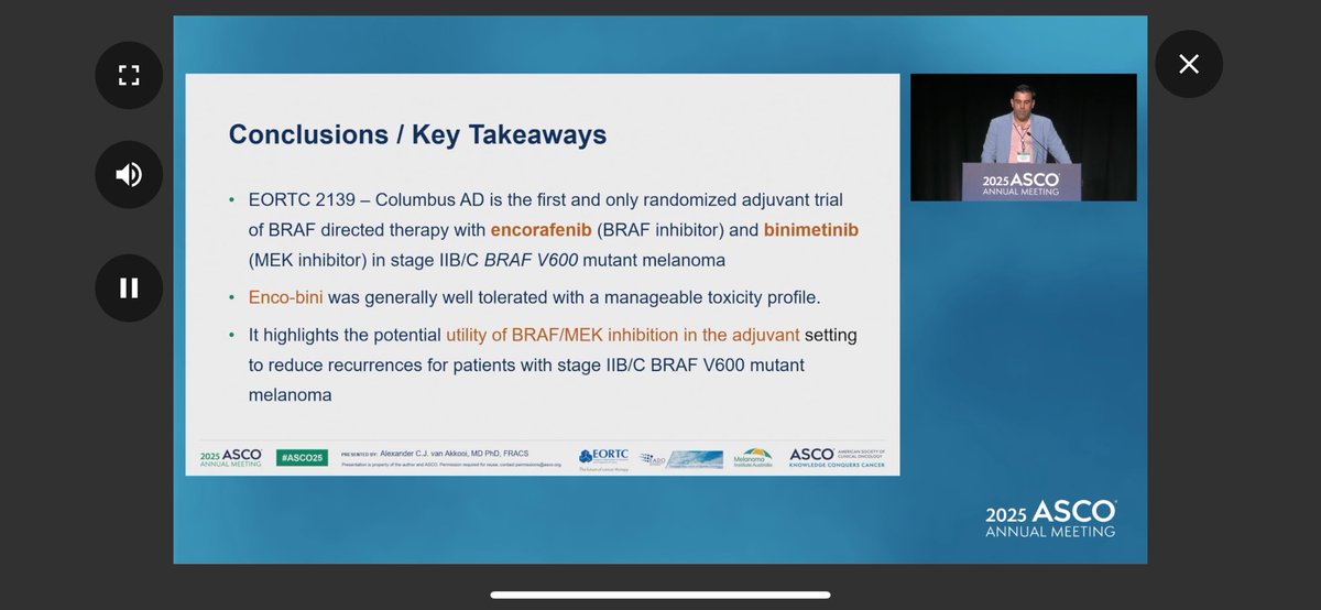#ASCO25 #melanomaorals 
Adjuvant therapy with Encorafenib (BRAFi) with Binimetinib (MEKi) for high risk resected stage 2B and 2C melanoma could be a potential effective therapy with the known safety profile of this drug combination